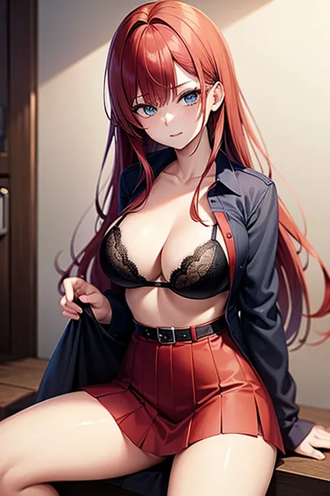 An anime girl with red hair and blue eyes wearing a skirt and an open shirt revealing a black and red bra