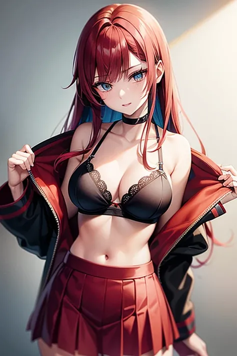 An anime girl with red hair and blue eyes wearing a skirt and an open shirt revealing a black and red bra