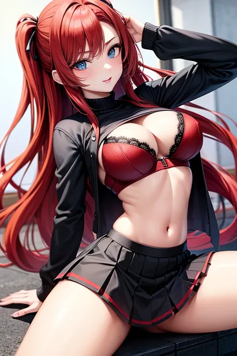 An anime girl with red hair and blue eyes wearing a skirt and a black and red bra