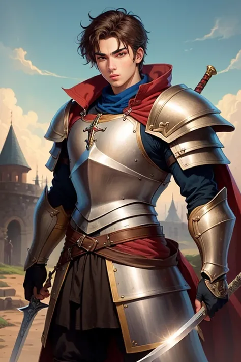 Medieval cartoon fantasy character young man with armor and sword
