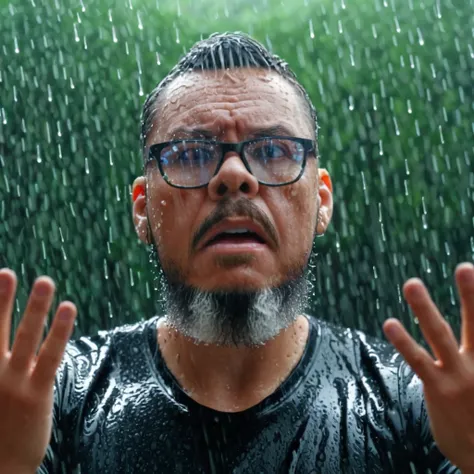 A hyper-realistic, UHD, 8K portrait of a glass window with water droplets condensed and running down the surface. (Behind the glass: 1.3), a man with glasses and a beard, black t-shirt has (his hands pressed against the glass:1.3), his expression one of de...