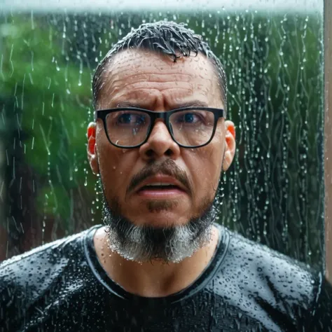 A hyper-realistic, UHD, 8K portrait of a glass window with water droplets condensed and running down the surface. (Behind the glass: 1.3), a man with glasses and a beard, black t-shirt has (his hands pressed against the glass:1.3), his expression one of de...