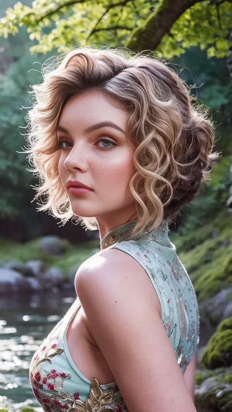 camren bicondova, detailed eye, in a serene setting, a young woman with long blonde hair, piercing blue eyes, and red lips exude...