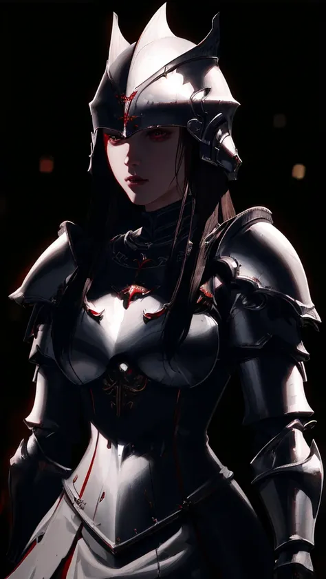 A female knight, vibrant white armor, red ornaments, female knight of the red mist, bloodthirsty, territorial, war queen, RPG armor helmet, long dark hair, holding sacred sword made of teeth and flesh, (best quality,4k,8k,highres,masterpiece:1.2),ultra-det...