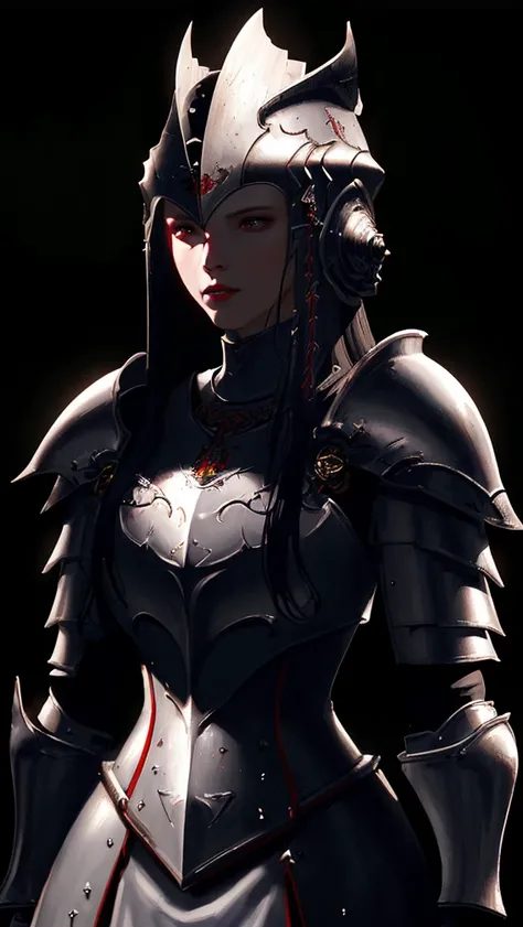 A female knight, vibrant white armor, red ornaments, female knight of the red mist, bloodthirsty, territorial, war queen, RPG armor helmet, long dark hair, holding sacred sword made of teeth and flesh, (best quality,4k,8k,highres,masterpiece:1.2),ultra-det...