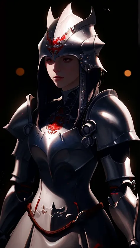 A female knight, vibrant white armor, red ornaments, female knight of the red mist, bloodthirsty, territorial, war queen, RPG armor helmet, long dark hair, holding sacred sword made of teeth and flesh, (best quality,4k,8k,highres,masterpiece:1.2),ultra-det...