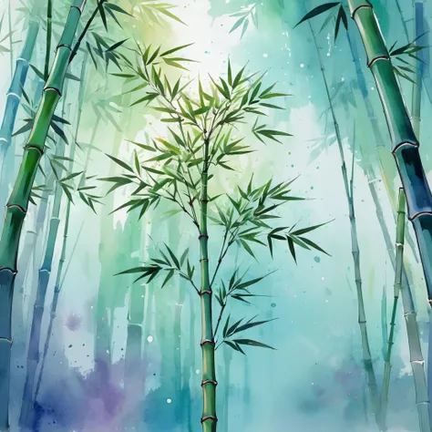 A single delicate Bamboo tree, centered, illustration design, flat design, Styles watercolor and ink splashes, detailed strokes, vibrant shades bright color palette, watercolor splashes, flat design, ethereal, 8k