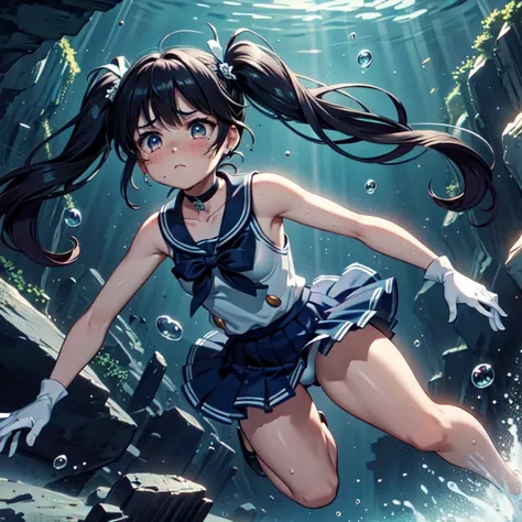 masterpiece,highest quality,Very detailed,One girl,alone,Panic, with eyes open,tears,tear up,
brother,Double good,Twin tails,Parted bangs,Circlet,jewelry,Earrings,choker,,White gloves,Elbow hand pockets,Blue Skirt,

Cave Diving,(diving),floating,swimming,,...