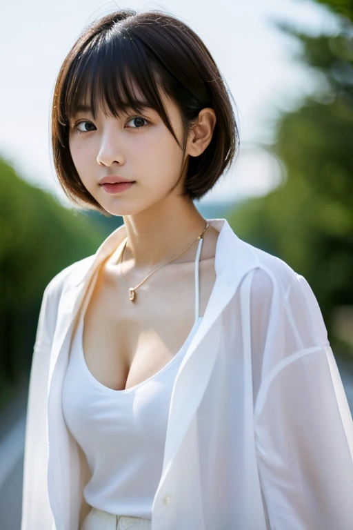 8k、Highest quality、Perfect figure、Japanese women、18 years old、Boyish and cool beauty Japanese women、Stylish、Clothes that reveal cleavage、White blouse、Cool women、Short Hair