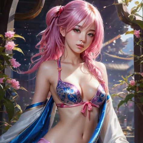 (finely detailed beautiful eyes and detailed face,masterpiece sidelighting,masterpiece,best quality,detailed,high resolution illustration),, (1 topless girl,whole body,bishoujo,lustrous skin,looking down,looking at viewer),, (pink hair,blue eyes,ribbon,han...