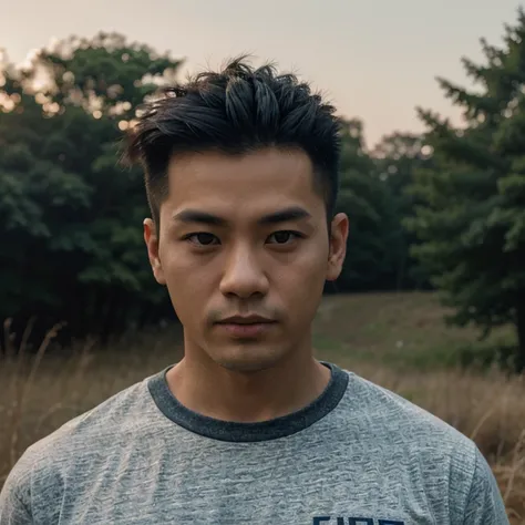 Young Asian man, 35 years old, Mohawk hair,) , Looking straight at you intently, alone,In the countryside, The night sky is bright and the light is warm.,) wide aperture, professional lighting, Sony A7R4, 50mm sessile lens., ,(T-shirt with red and dark blu...