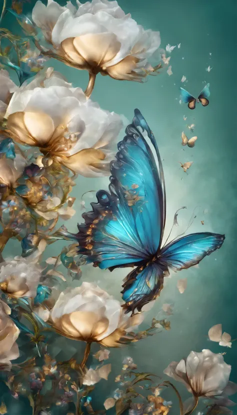 The background is greenblue,All expressed with jewels, the arrival of spring, various beautiful flowers,Swallowtail butterfly,
, angles looking up from below, various jewels falling from the sky, wonderful and beautiful superb view, slightly hazy, fantasti...