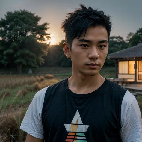 Young Asian man, 35 years old, Mohawk hair,) , Looking straight at you intently, alone,In the countryside, Rice fields at night, The night sky is bright and the light is warm.,) wide aperture, professional lighting, Sony A7R4, 50mm sessile lens., ,(T-shirt...