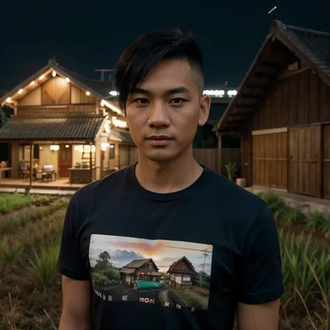 Young Asian man, 35 years old, Mohawk hair,) , Looking straight at you intently, alone,In the countryside, Rice fields at night, The night sky is bright and the light is warm.,) wide aperture, professional lighting, Sony A7R4, 50mm sessile lens., ,(T-shirt...