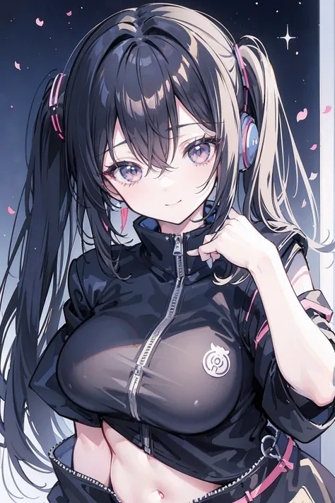 masterpiece,anime style,chibi,sexy girl,black hair,shoulder length hair with two pigtails,black jacket,wearing headphones,smiling,big breasts,listening to music,removing an order of owls mask with her right hand,looking straight ahead,