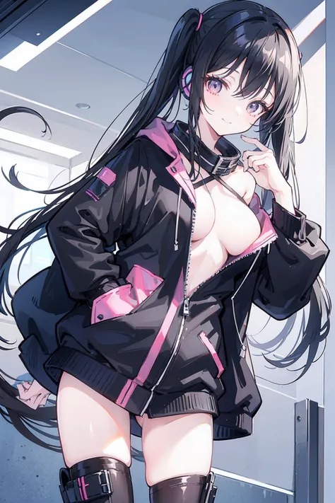 masterpiece,anime style,chibi,sexy girl,black hair,shoulder length hair with two pigtails,black jacket,wearing headphones,smiling,big breasts,listening to music,removing an order of owls mask with her right hand,looking straight ahead,