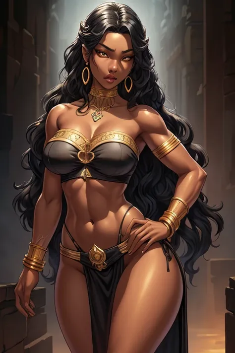 An ebony girl, beautiful black skin, K-pop idol, pretty girl, sexy girl, long wavy black hair, intricate face details, detailed face, golden ratio face, big chest, big hip, big thighs, (Wearing: strapless Tube-top,  loin cloth, golden earrings, golden brac...