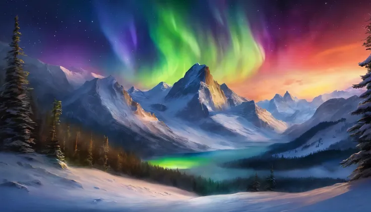 a breathtaking aurora borealis, stunning vibrant colors, swirling cosmic energy, glowing neon lights, dramatic night sky, ethereal atmosphere, majestic northern landscape, serene snowy terrain, picturesque mountains, detailed ice crystals, mesmerizing natu...