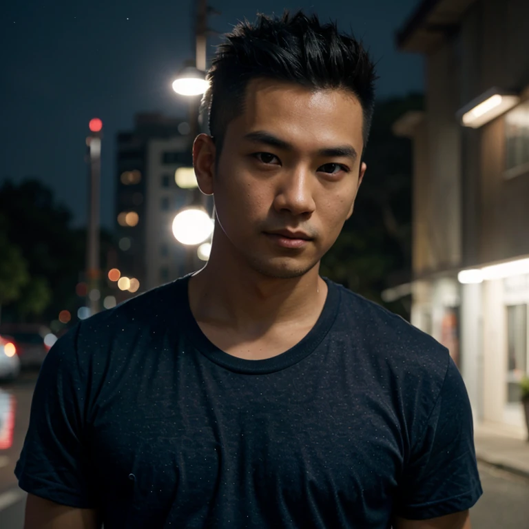 Young Asian man, 35 years old, Mohawk hair,) , Looking straight at you intently, alone, At night, The night sky is bright and the light is warm.,) wide aperture, professional lighting, Sony A7R4, 50mm sessile lens., ,(dark blue t-shirt,)  Warm light, shot ...