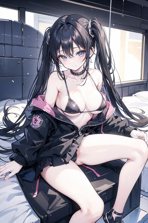 masterpiece,anime style,chibi,black hair,mini bikini,shoulder length hair with two pigtails,bigger breasts,black jacket,wearing headphones,smiling,listening to music,lying on a bed,