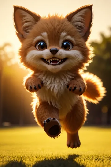 cute little monster, playing, running, adorable, fluffy, friendly appearance, soft ears, cute smile, realistic teeth, cinematic ...