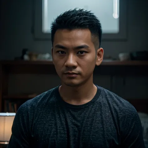 Young Asian man, 35 years old, Mohawk hair is cut short and neat.,) , Looking straight at you intently, alone, At night, night sky warm light,) wide aperture, professional lighting, Sony A7R4, 50mm sessile lens., ,(dark blue t-shirt,)  Warm light, shot wit...