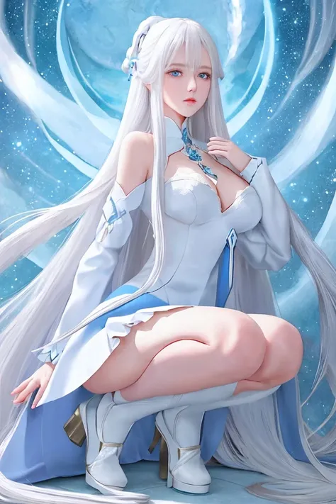 white girl, sparkling blue eyes, very long straight white hair with a fringe that covers the forehead, perfect body, 1.50 tall, 50kg, Japanese, wearing a white dress swirled to the knees and wearing a white high heels, white thigh socks, and ice sword from...