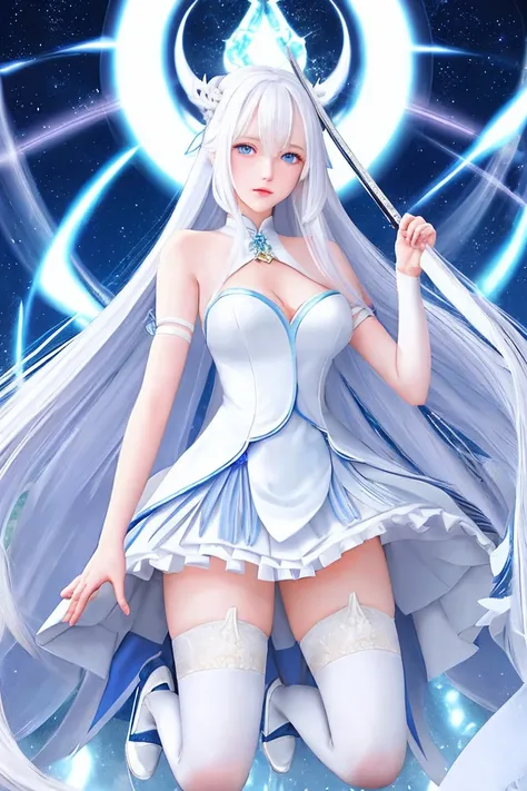 white girl, sparkling blue eyes, very long straight white hair with a fringe that covers the forehead, perfect body, 1.50 tall, 50kg, Japanese, wearing a white dress swirled to the knees and wearing a white high heels, white thigh socks, and ice sword from...