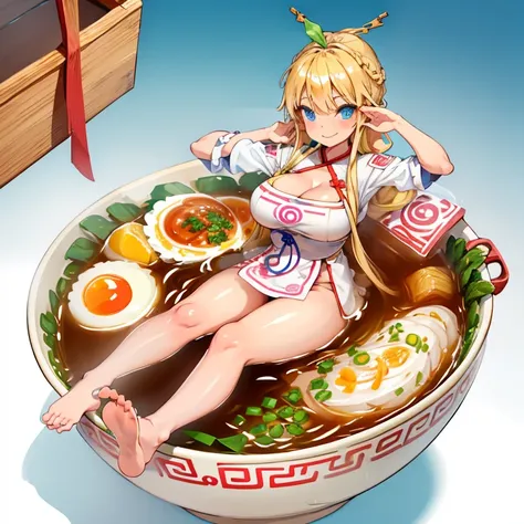 One girl,alone,blue eyes,Long Blonde Hair,Braided in front,smile,whole body,foot,Medium chest,Korean traditional clothing,Mini Girl, With food,In the container,In a ramen bowl,soup, 拉noodles, noodles,no,meat,green onion,Partially submerged,sweet,vapor,Kore...