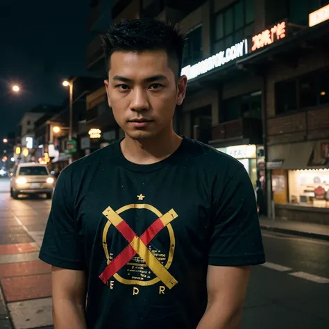 Young Asian man, 35 years old, Mohawk hair is cut short and neat.,) , Looking straight at you intently, alone, Community in the city at night, night sky warm light,) wide aperture, professional lighting, Sony A7R4, 50mm sessile lens., ,(T-shirt with green,...