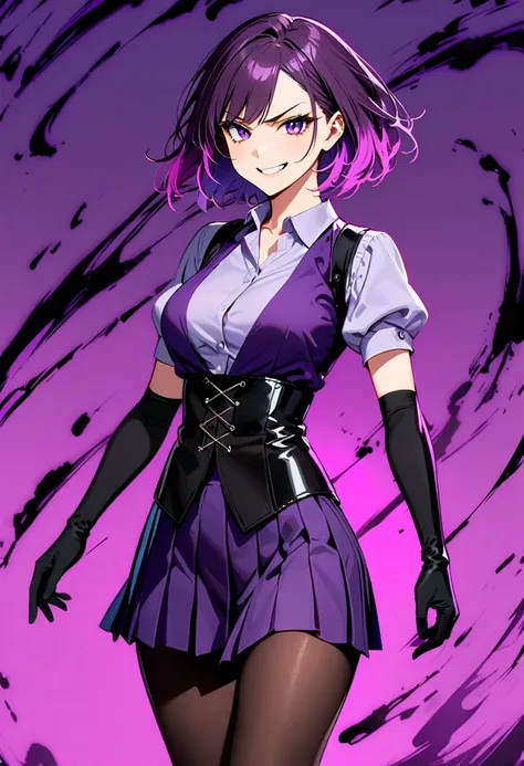 A young woman, 24-years-old, solo, Caucasian, mature face, slender figure, (short hair, dark purple hair, magenta hair, gradient hair, multicolored hair, two-tone hair, purple eyes, angry smile, purple lipstick:1.2), (dark purple dress shirt, puffy sleeves...