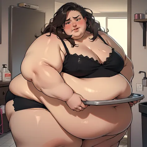 (masterpiece, detailed, high aesthetic, realistic:1.2), beautiful young woman, USSBBW, (morbidly obese, fatblob:1.4), (detailed face, beautiful face:1.2), messy hair, panties, frustrated expression, nude, (weighing scales), bathroom, crying