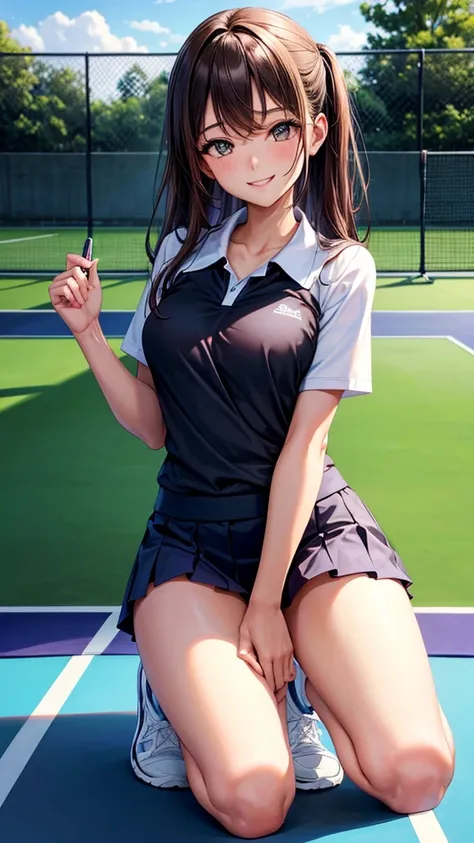 sksbrooke person, sksbrooke, (masterpiece:1.2), (best quality:1.2), perfect eyes, perfect face, 1girl, solo, brown eyes, (medium breasts), perky breasts, blue and black tennis uniform and shirt, tennis court background, smiling, kneeling