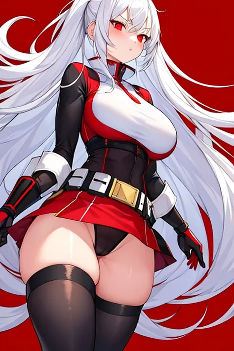 1girl, white hair, long hair, red eyes, serious, glowing eyes, large breasts, thick thighs, mature female, athletic  female, toned, leotard, black leotard, thighhighs, belt, knife, pantyhose