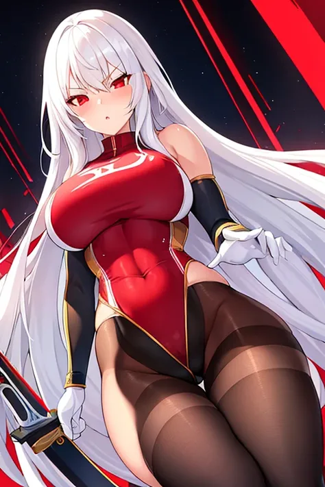 1girl, white hair, long hair, red eyes, serious, glowing eyes, large breasts, thick thighs, mature female, athletic  female, toned, leotard, black leotard, thighhighs, belt, knife, pantyhose