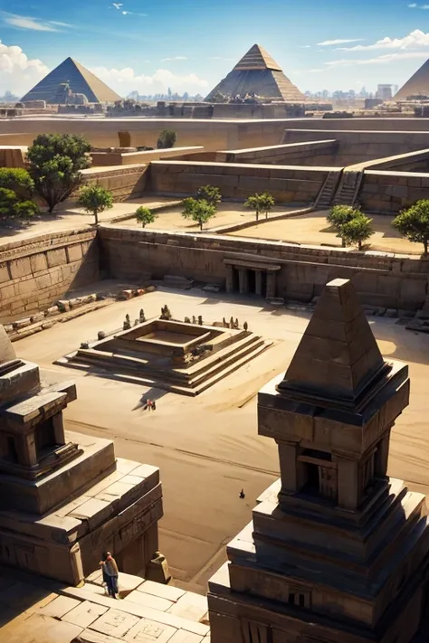 egyptian temple with pyramids background