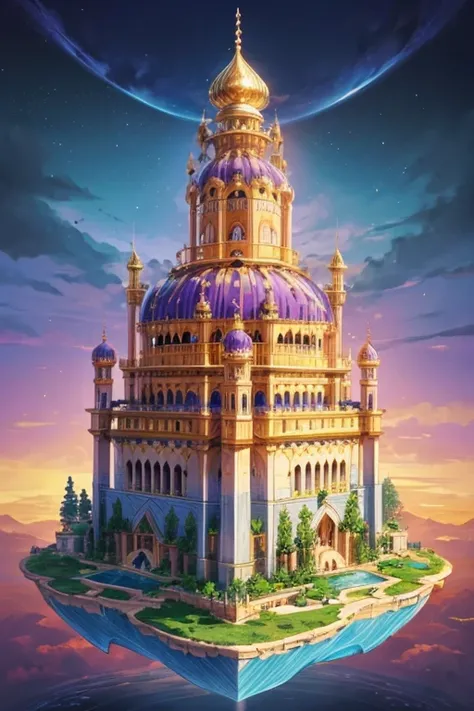 floating island with golden Muslim palace with vegetation and rivers with a tower in the center with a purple fire and blue sky background