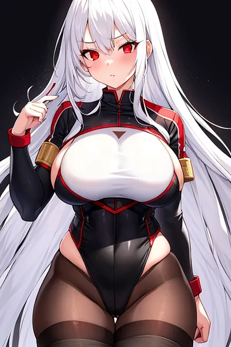 1girl, white hair, long hair, red eyes, serious, glowing eyes, large breasts, thick thighs, mature female, athletic  female, toned, leotard, black leotard, thighhighs, belt, knife, knifes, pantyhose