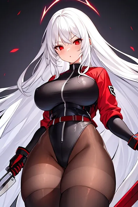 1girl, white hair, long hair, red eyes, serious, glowing eyes, large breasts, thick thighs, mature female, athletic  female, toned, leotard, black leotard, thighhighs, belt, knife, pantyhose