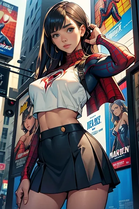 Jessica Alba、マーベルコミックの映画Poster、so beautiful、Movies about Spider-Man、sexy、whole body、Wearing a skirt、Premiere Date、Poster、belly buttonを突き出す、new york、She&#39;s wearing a ripped Spiderman suit、The suit is torn、Wearing a skirt、Red and black color scheme、dynami...