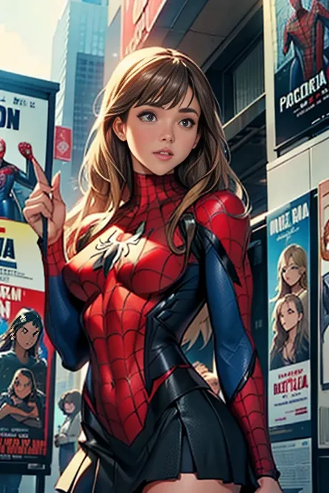 Jessica Alba、マーベルコミックの映画Poster、so beautiful、Movies about Spider-Man、sexy、whole body、Wearing a skirt、Premiere Date、Poster、belly buttonを突き出す、new york、She&#39;s wearing a ripped Spiderman suit、The suit is torn、Wearing a skirt、Red and black color scheme、dynami...