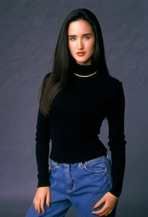 1996 clothing style, twenty year old woman, long dark hair, blank background, 90s clothing, 90s style, 1990s, studio portrait, designer clothing, curvy, pretty girl, like jennifer connelly, sophisticated outfit