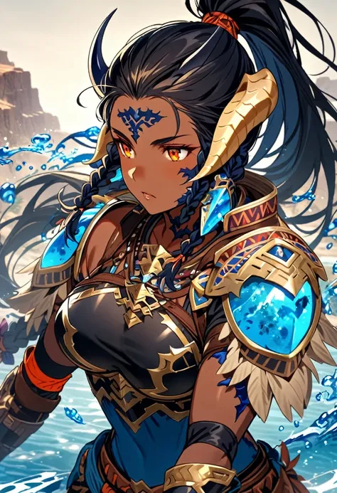 ((dark skinned girl)), ((black high ponytail)), ((amber eyes)), ((floating blue water)), ((tribal tattoos on shoulder)), ((braid...