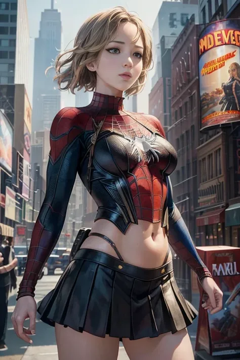 Jennifer Lawrence、マーベルコミックの映画Poster、so beautiful、Movies about Spider-Man、sexy、whole body、Wearing a skirt、Premiere Date、Poster、belly buttonを突き出す、new york、She&#39;s wearing a ripped Spiderman suit、The suit is torn、Wearing a skirt、Red and black color scheme、d...