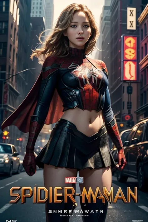 Jennifer Lawrence、マーベルコミックの映画Poster、so beautiful、Movies about Spider-Man、sexy、whole body、Wearing a skirt、Premiere Date、Poster、belly buttonを突き出す、new york、She&#39;s wearing a ripped Spiderman suit、The suit is torn、Wearing a skirt、Red and black color scheme、d...