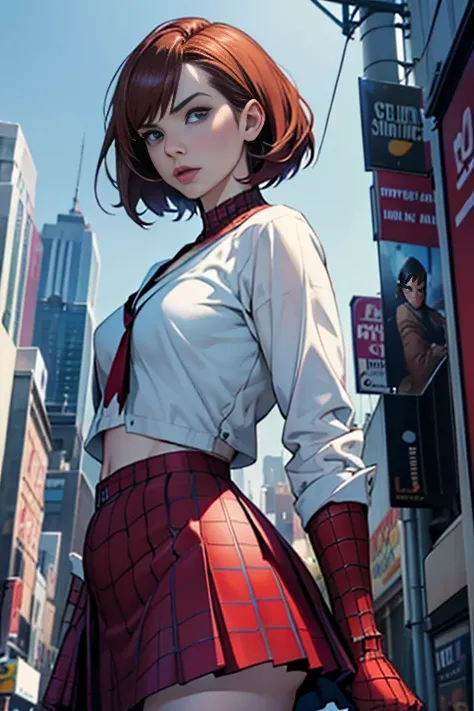 Karen Gillan、マーベルコミックの映画Poster、so beautiful、Movies about Spider-Man、sexy、whole body、Wearing a skirt、Premiere Date、Poster、belly buttonを突き出す、new york、She&#39;s wearing a ripped Spiderman suit、The suit is torn、Wearing a skirt、Red and black color scheme、dynami...