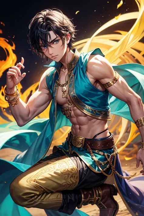 Bill joel cobra, 20 year old boy, short dark black hair, short messy hair, blue eyes, djinn clothing, blue open sleeveless vest, turquoise vest with gold arabic print, light purple arabic pants, gold belt, djinn bracelet with gems silver, brown boots, phos...