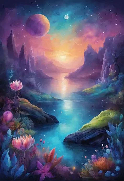 A virtual reality experience where players explore an otherworldly landscape filled with floating crystals and bioluminescent plants, all set against the backdrop of a moonlit sky. The scene is rendered in a style reminiscent of digital art, featuring a pa...