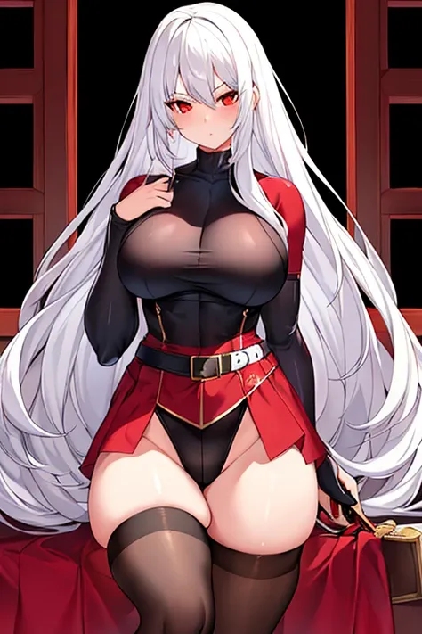 1girl, white hair, long hair, red eyes, serious, glowing eyes, large breasts, thick thighs, mature female, athletic  female, toned, leotard, black leotard, thighhighs, belt, knife, knifes, pantyhose, black pantyhose