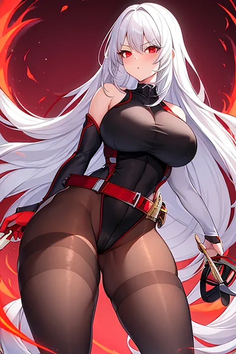 1girl, white hair, long hair, red eyes, serious, glowing eyes, large breasts, thick thighs, mature female, athletic  female, toned, leotard, black leotard, thighhighs, belt, knife, knifes, pantyhose, black pantyhose